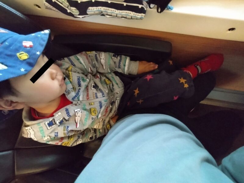 特急のグリーン席で子どもに弁当を食べさせるおっさん